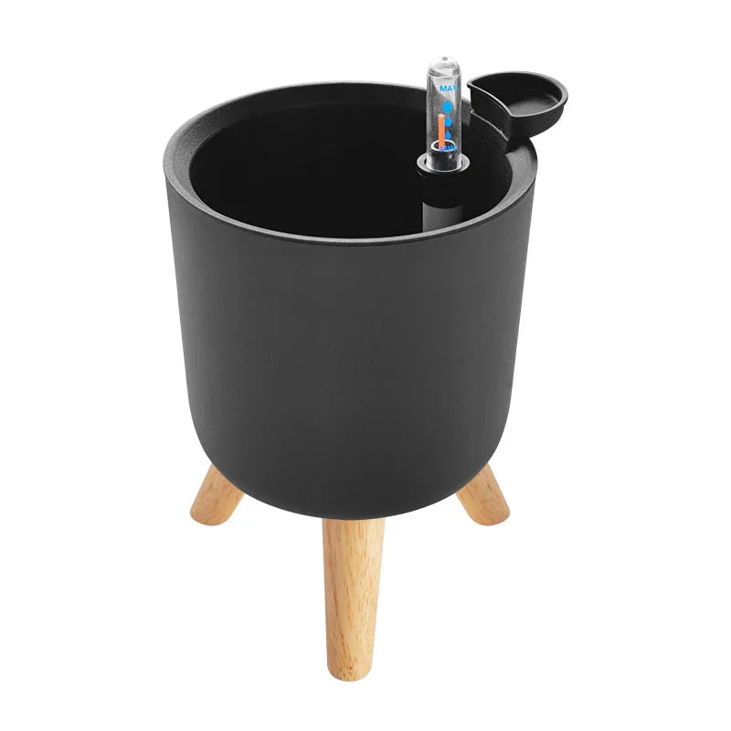 Minimalist Indoor Plant Pot Self Watering Plastic Planter with Wooden Legs Modern round Container for Home Decor
