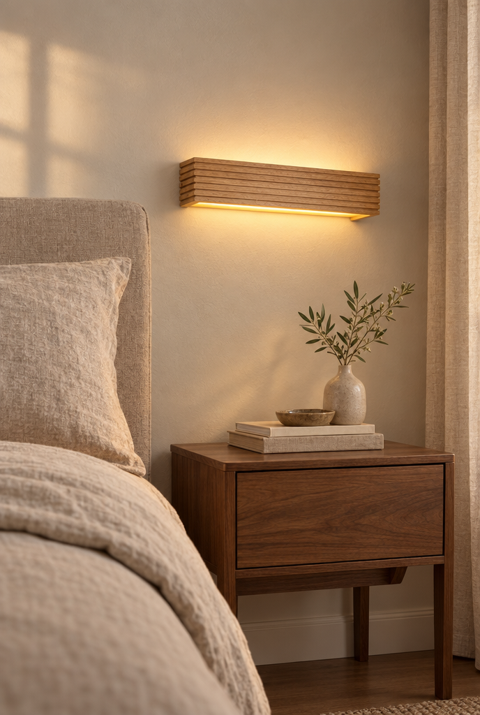 Vägglampa i trä med horisontella ribbor