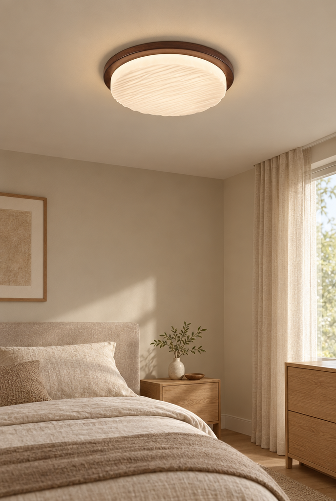 Rund plafond i valnötsfärg med strukturerad diffusor