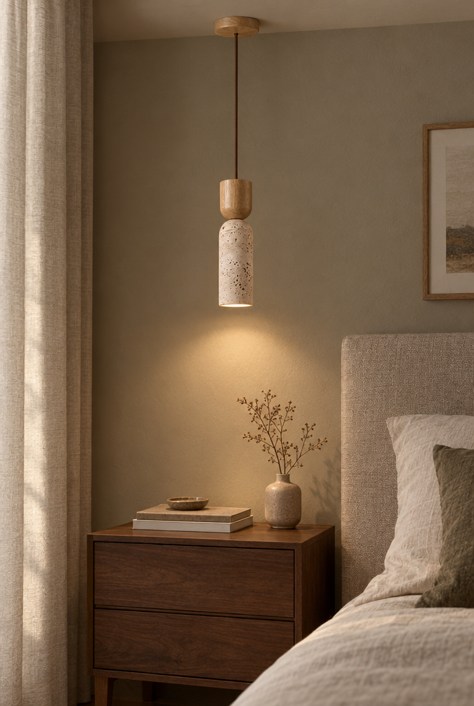 Smal pendellampa med porös beige skärm och trädetalj