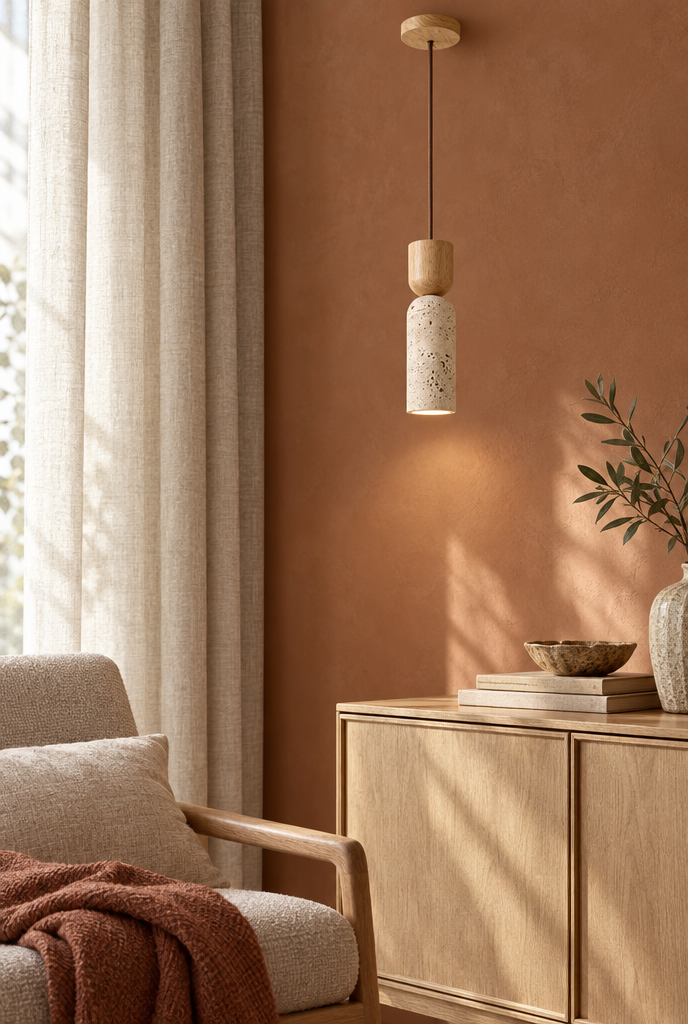 Smal pendellampa med porös beige skärm och trädetalj