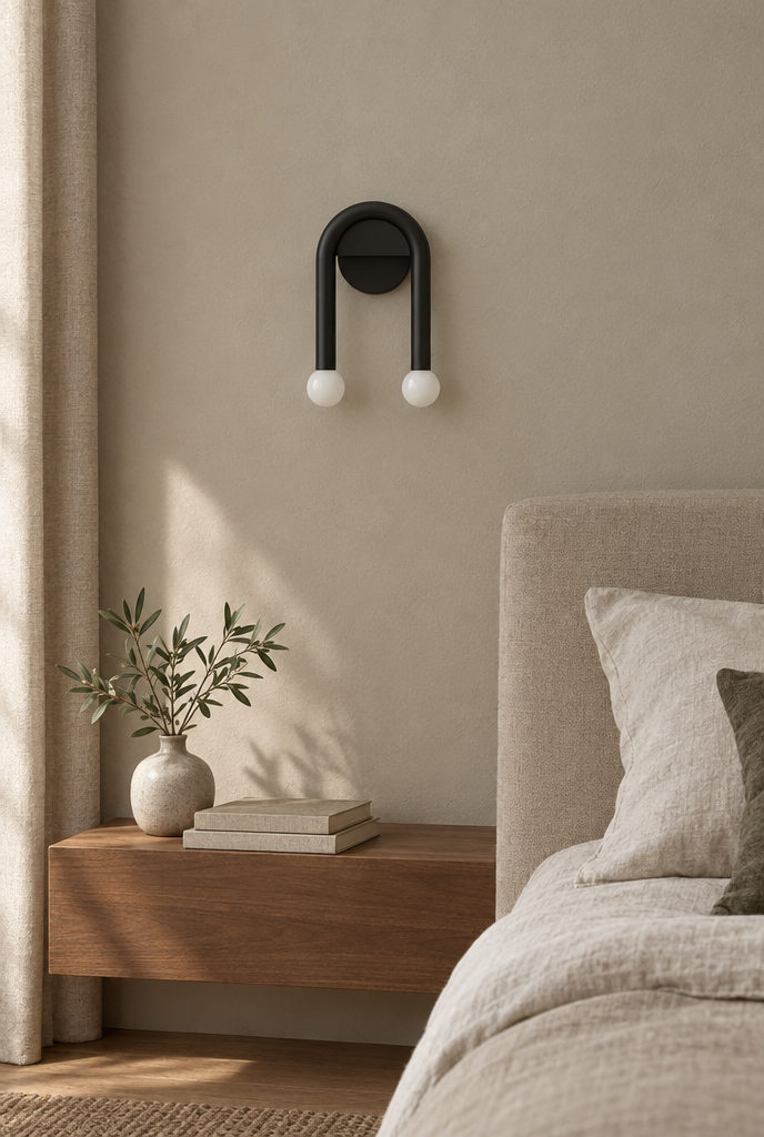 Svart bågformad vägglampa med två vita glober