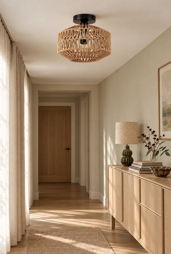 Taklampa med naturfärgad flätad skärm