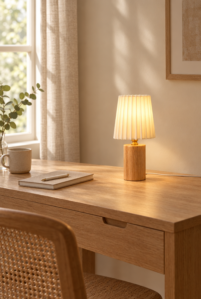 Bordslampa med träfot och plisserad skärm