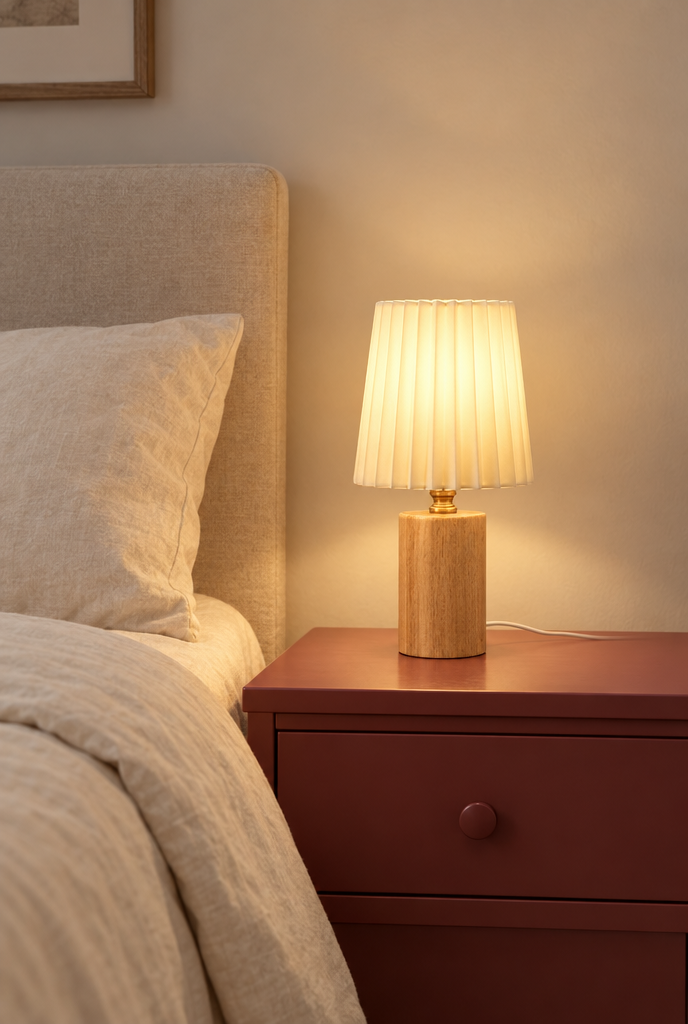 Bordslampa med träfot och plisserad skärm