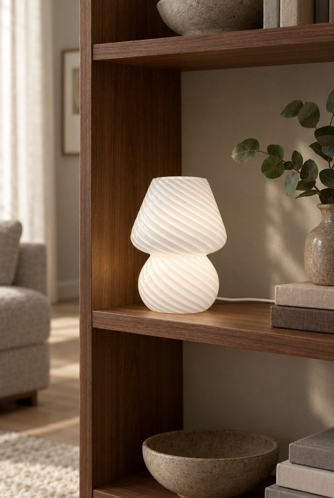Liten glasbordslampa med spiralstruktur