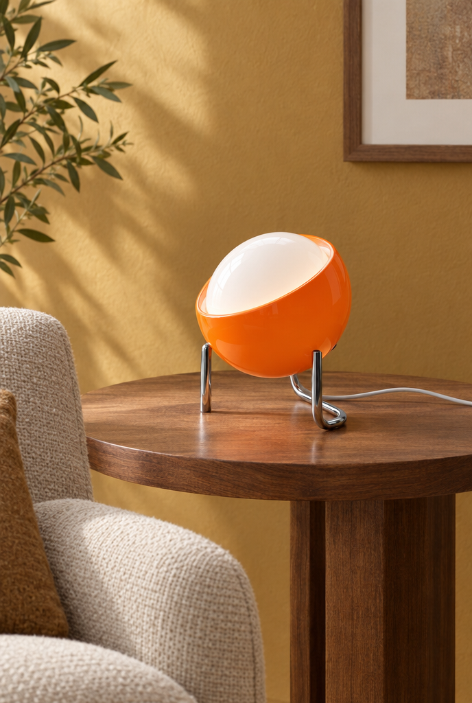 Orange bordslampa med kromat stativ