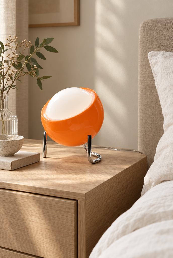 Orange bordslampa med kromat stativ