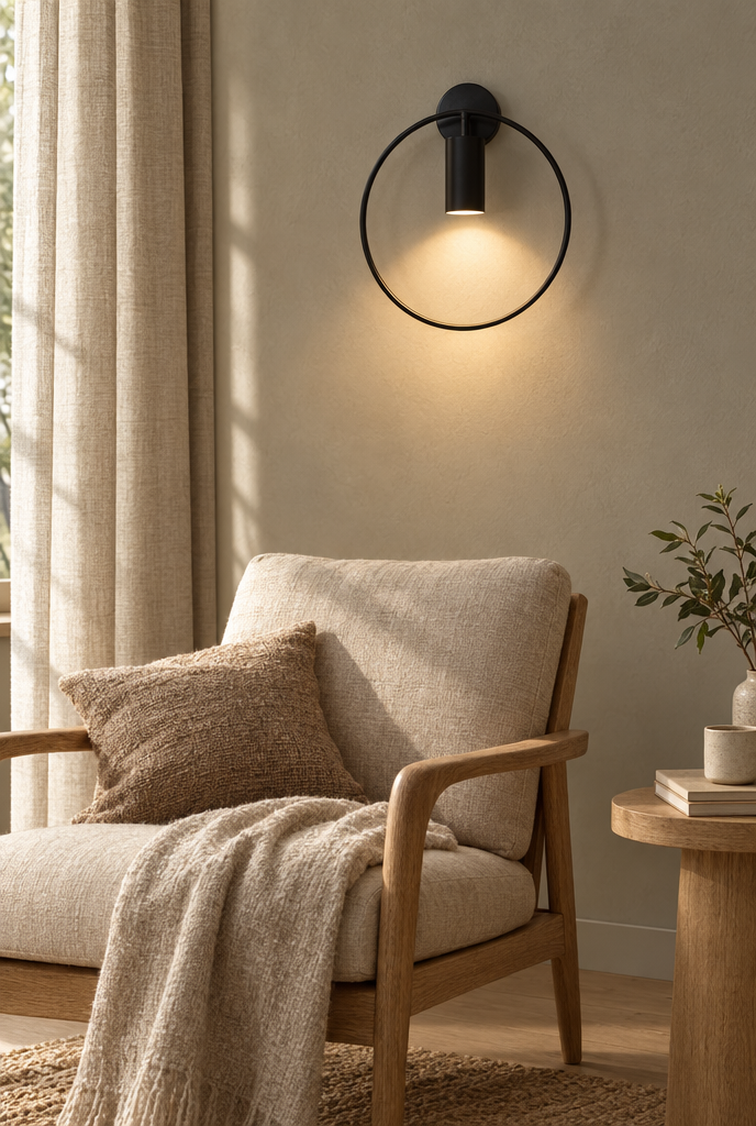 Vägglampa med metallring och nedåtriktat ljus