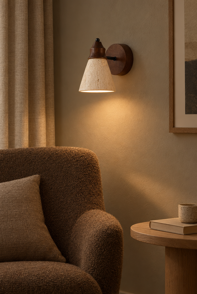 Vägglampa med stenskärm och mörka trädetaljer