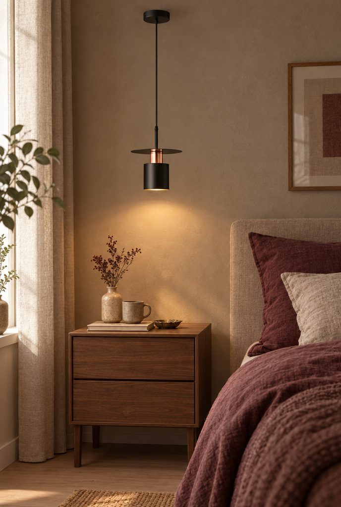 Svart pendellampa med rund skiva och kopparfärgad detalj