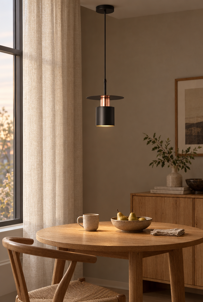 Svart pendellampa med rund skiva och kopparfärgad detalj