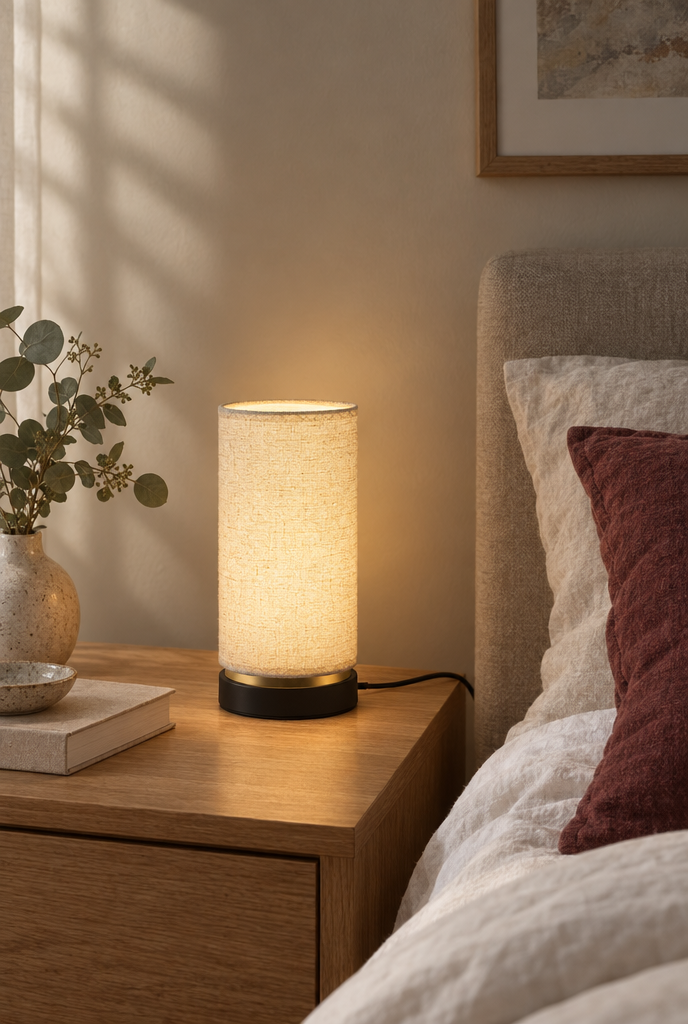USB-bordslampa med ljus textilskärm och svart fot