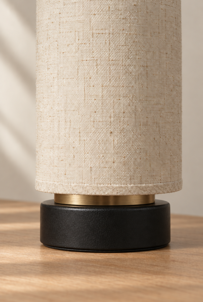 USB-bordslampa med ljus textilskärm och svart fot – materialdetalj