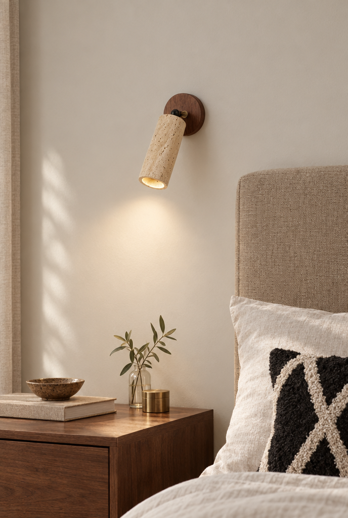 Riktbar vägglampa med beige cylinderskärm och träfäste