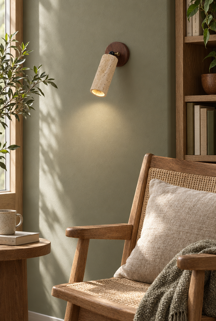 Riktbar vägglampa med beige cylinderskärm och träfäste