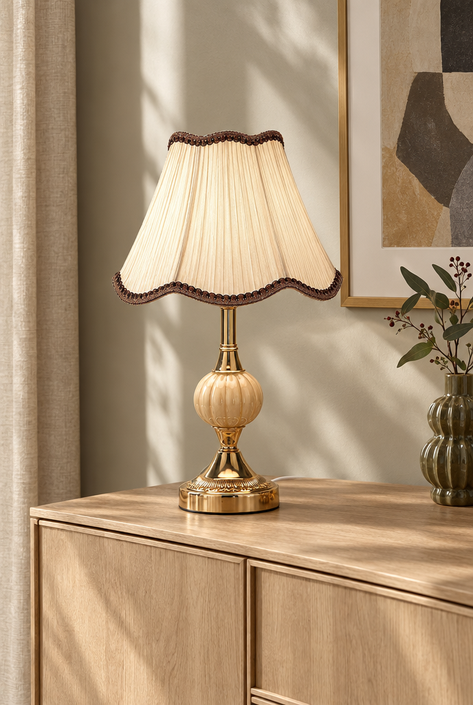 Klassisk bordslampa med tygskärm och guldfärgad fot