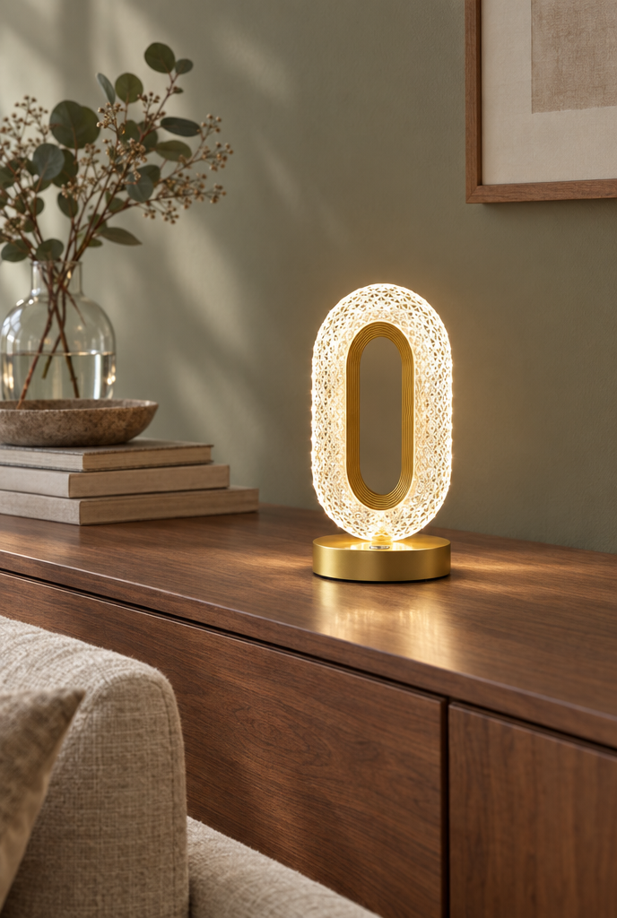 Oval bordslampa med klar facetterad ring och guldfärgad fot