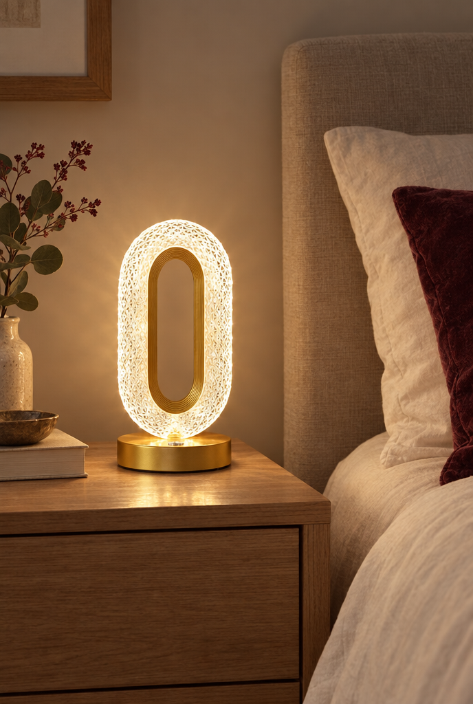 Oval bordslampa med klar facetterad ring och guldfärgad fot