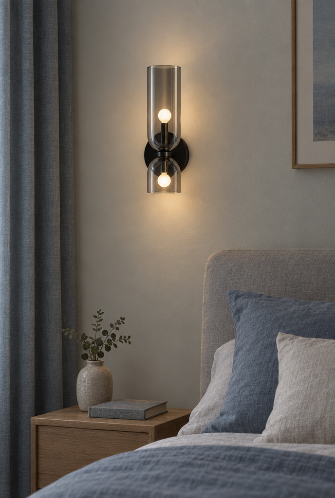 Vägglampa med två asymmetriska glasskärmar