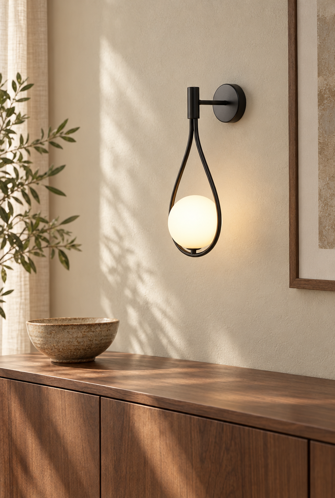 Droppformad vägglampa med vit glaskula