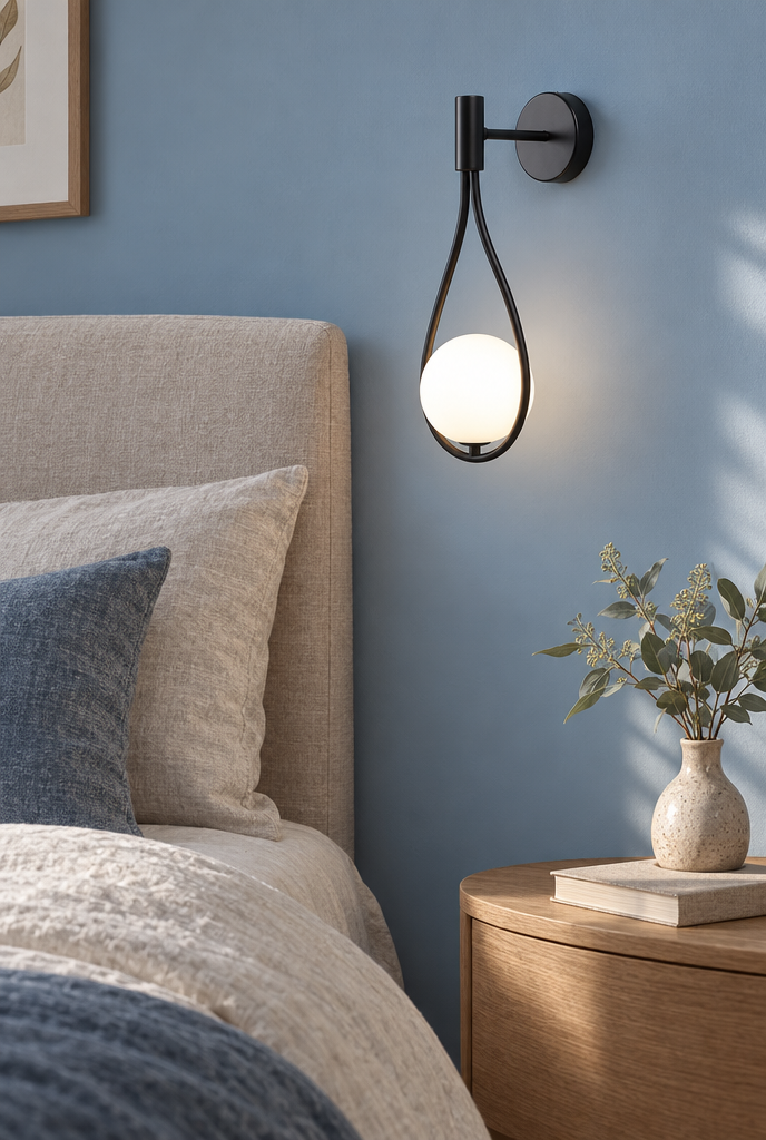 Droppformad vägglampa med vit glaskula