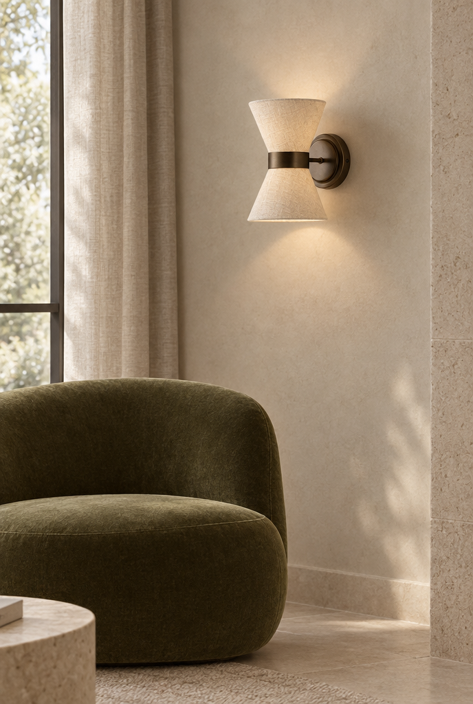 Vägglampa med timglasformad linneskärm