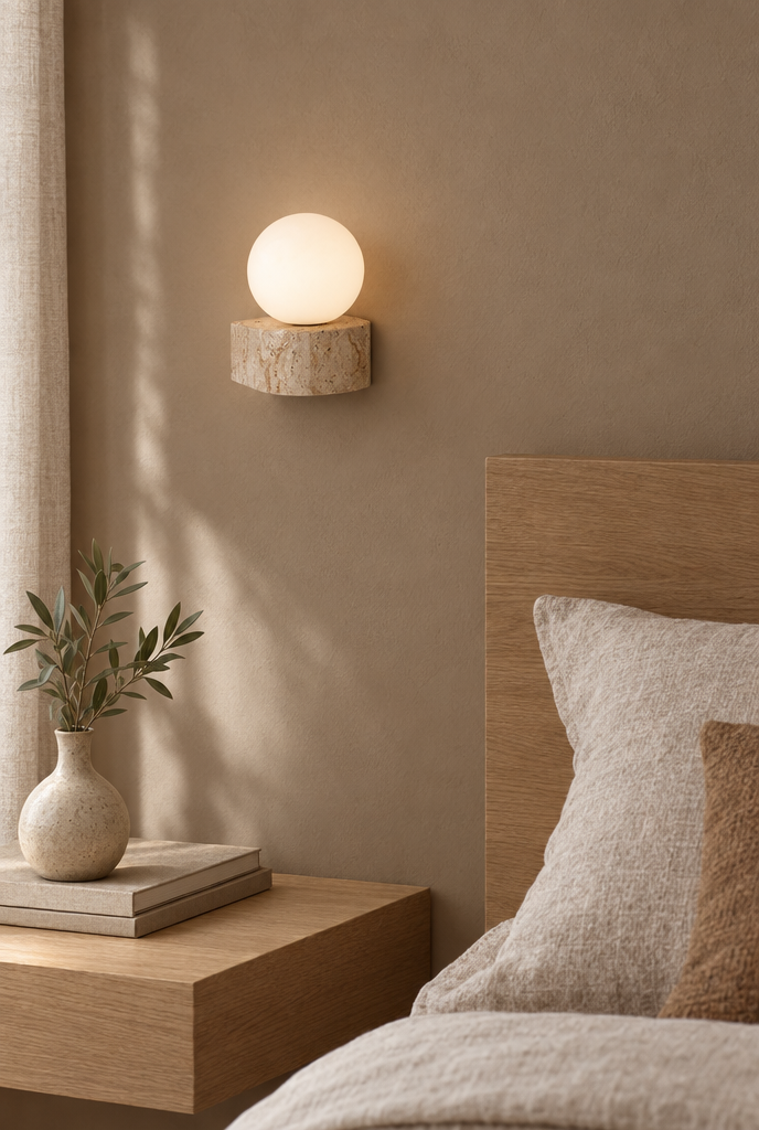 Vägglampa med travertinfäste och vit glaskula