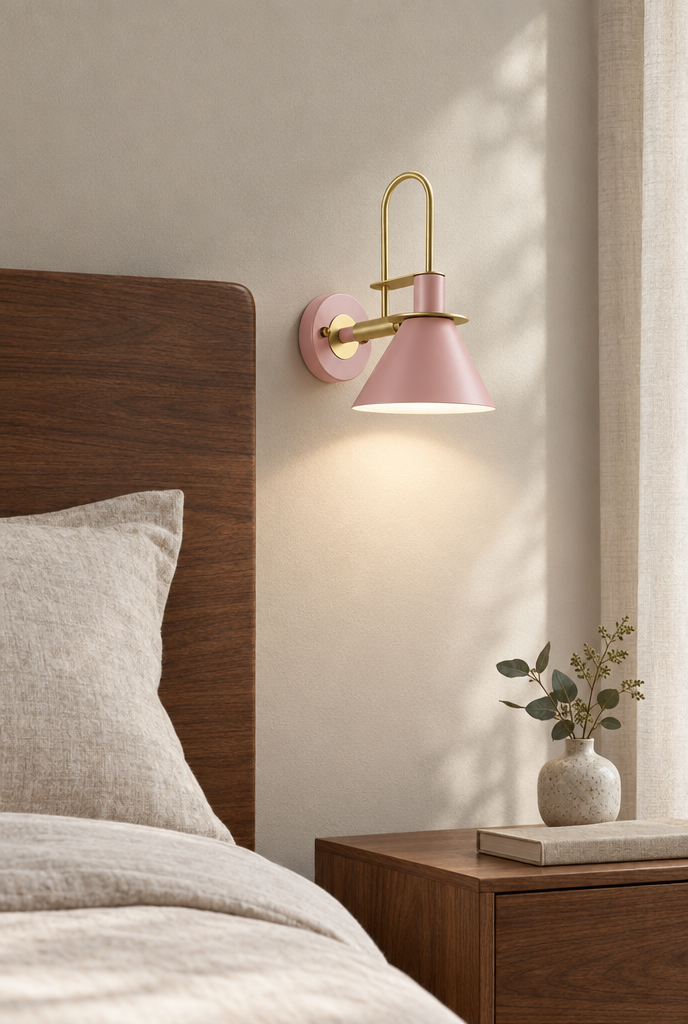 Vägglampa med konisk skärm och guldfärgad båge