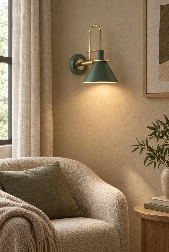 Vägglampa med konisk skärm och guldfärgad båge