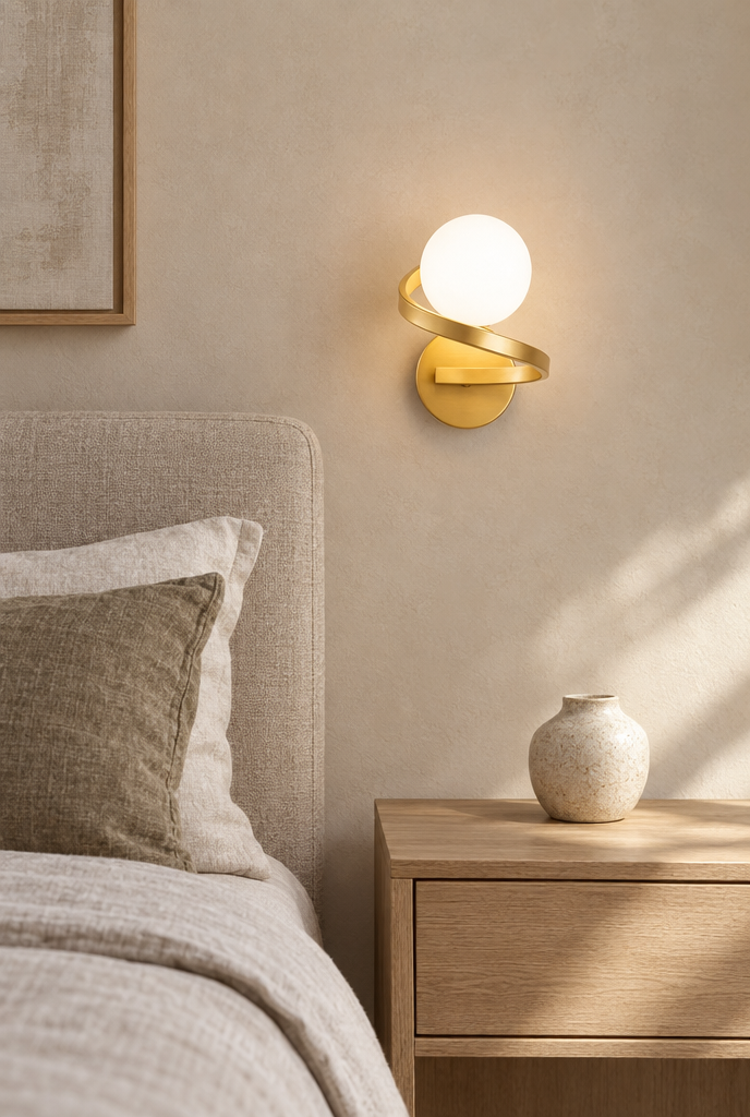 Vägglampa med glaskula och spiralformad arm
