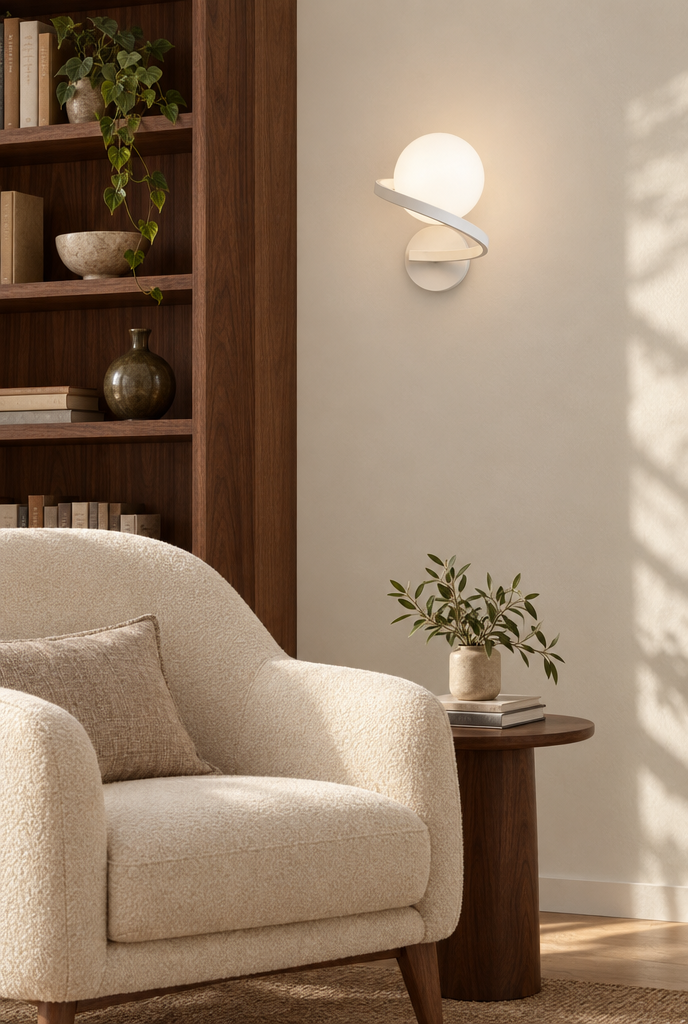 Vägglampa med glaskula och spiralformad arm