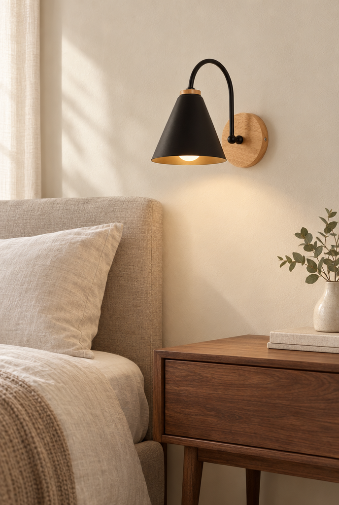 Vägglampa med konisk skärm och träfäste