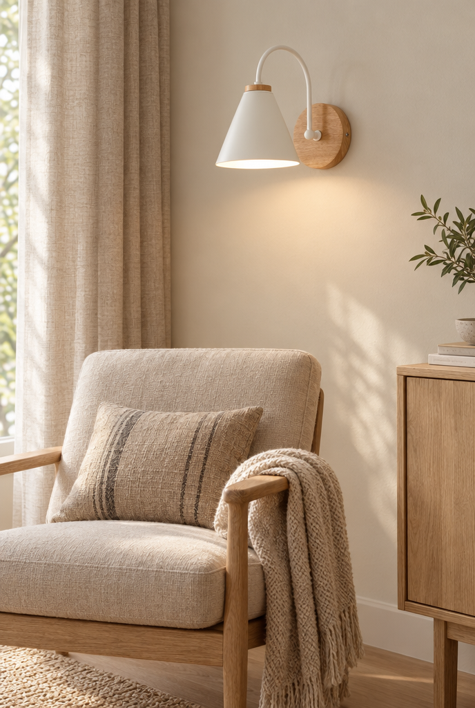 Vägglampa med konisk skärm och träfäste