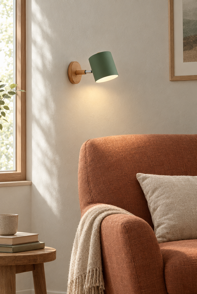 Vägglampa med träfäste och färgad skärm