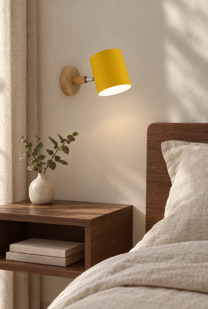 Vägglampa med träfäste och färgad skärm