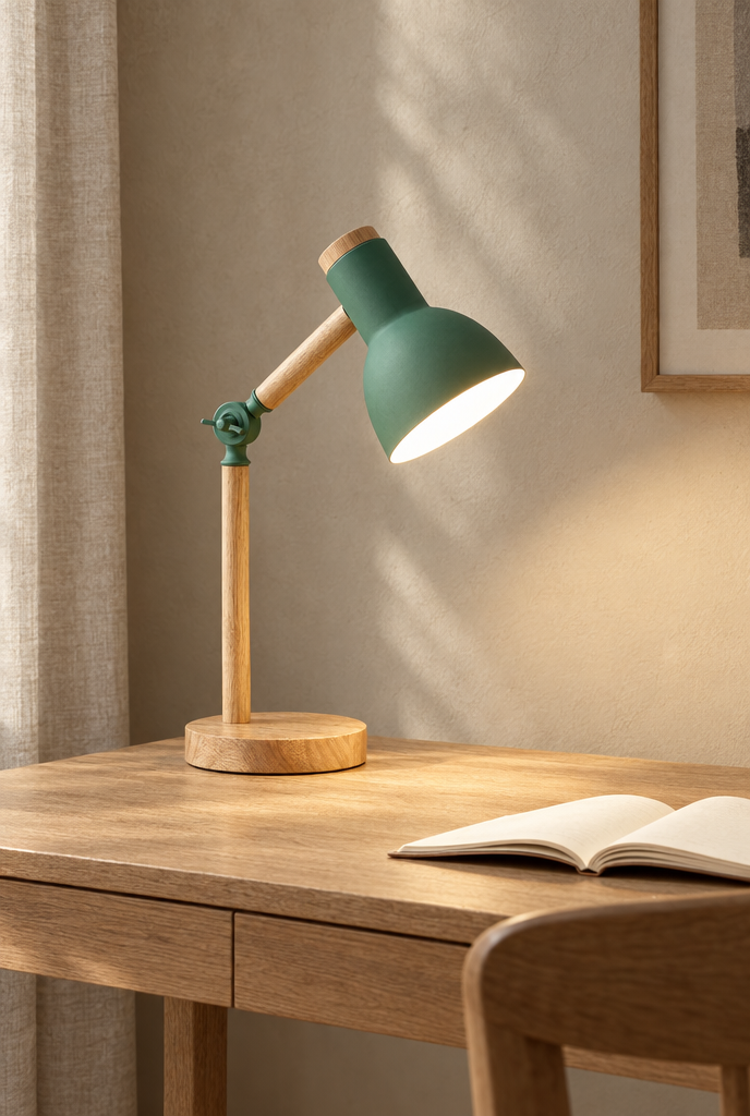 Skrivbordslampa med träarm och färgad skärm
