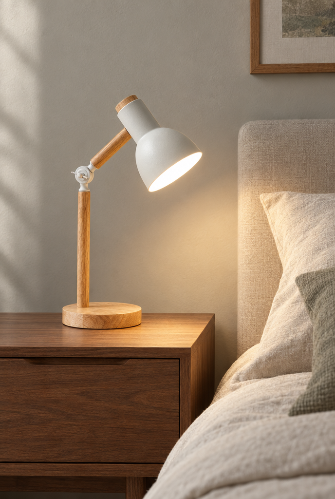 Skrivbordslampa med träarm och färgad skärm