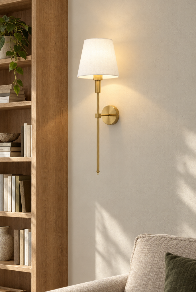 Vägglampa med lång metallstomme och tygskärm