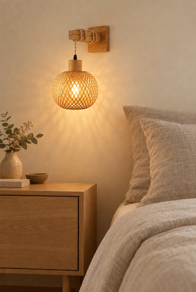 Vägglampa med flätad bambuskärm och träarm