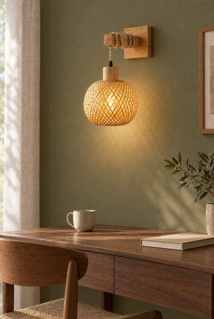 Vägglampa med flätad bambuskärm och träarm