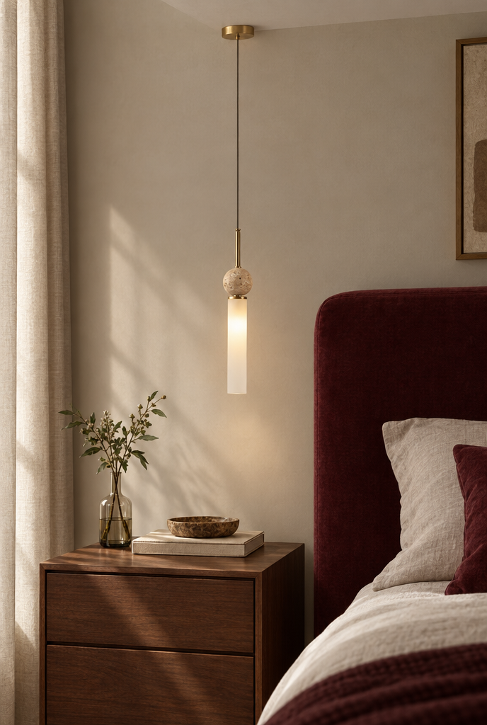 Smal pendellampa med beige porös kula och vit ljuscylinder