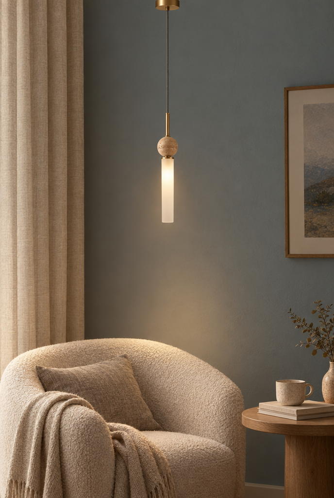 Smal pendellampa med beige porös kula och vit ljuscylinder