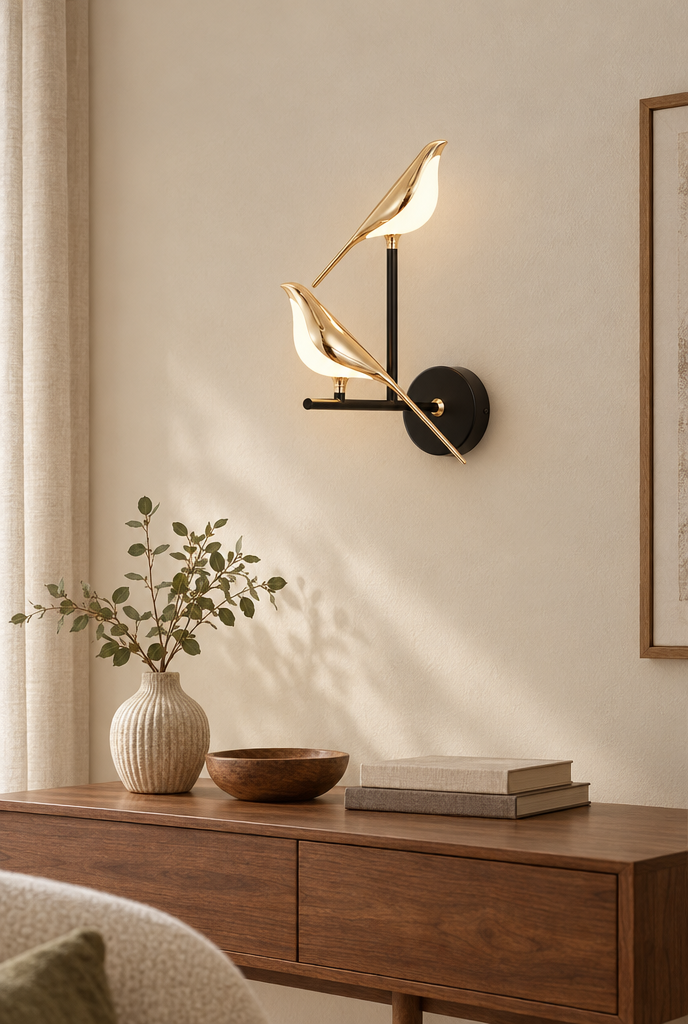 Vägglampa med guldfärgade fåglar