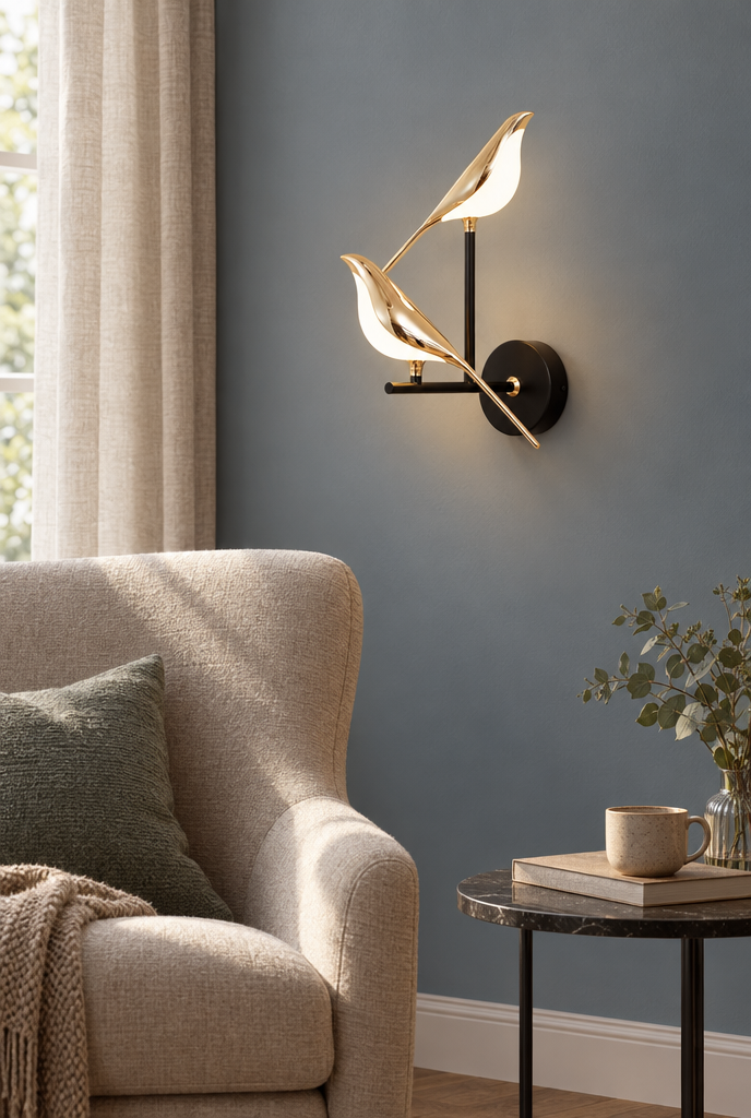 Vägglampa med guldfärgade fåglar