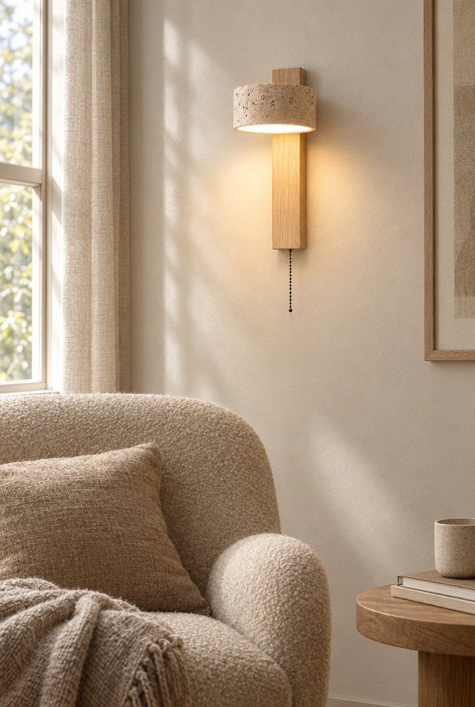 Vägglampa i trä med stenskärm