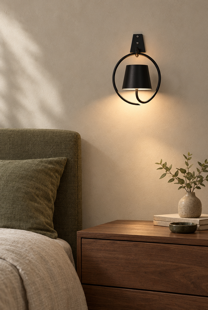 Svart laddbar vägglampa med ringform