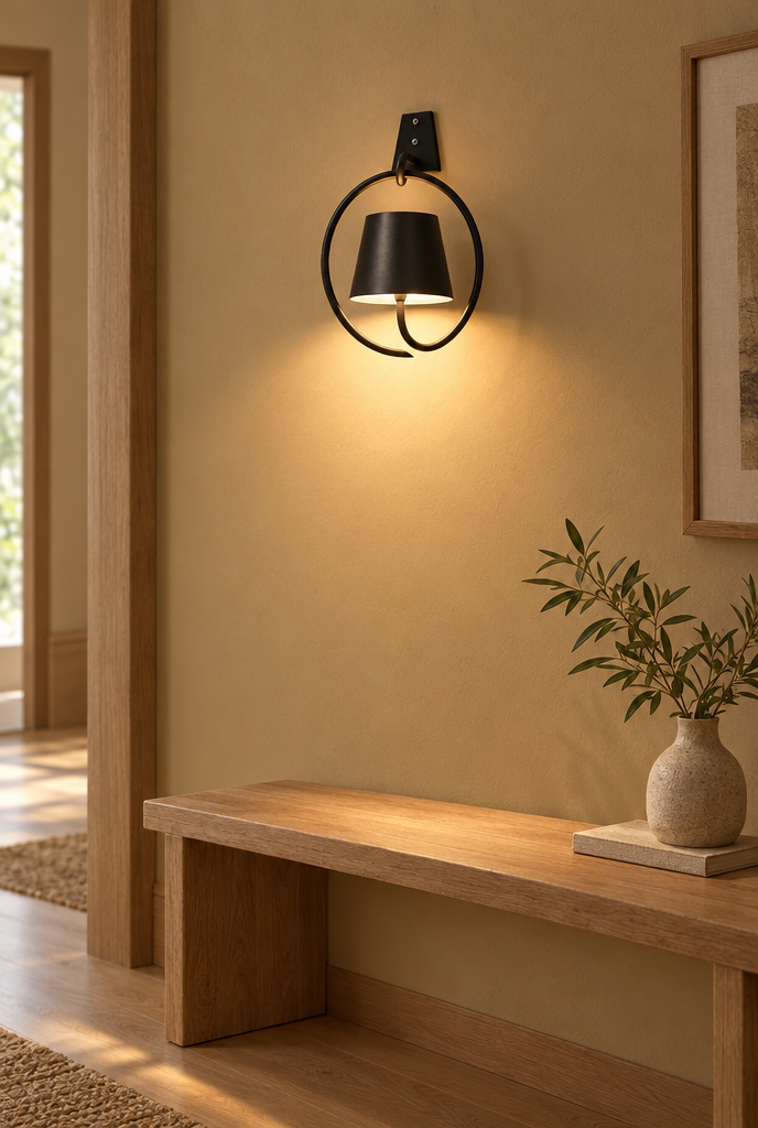 Svart laddbar vägglampa med ringform