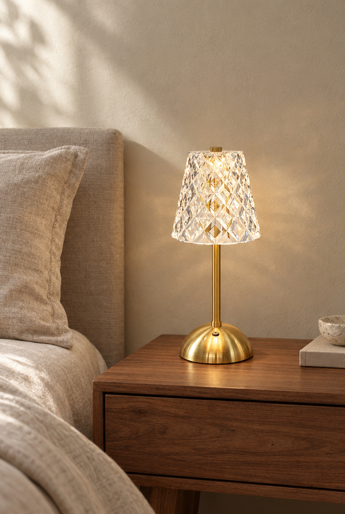 Uppladdningsbar bordslampa med guldfärgad fot
