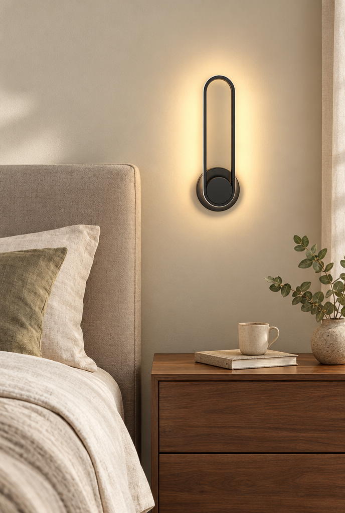 Svart vridbar vägglampa med oval ljusslinga